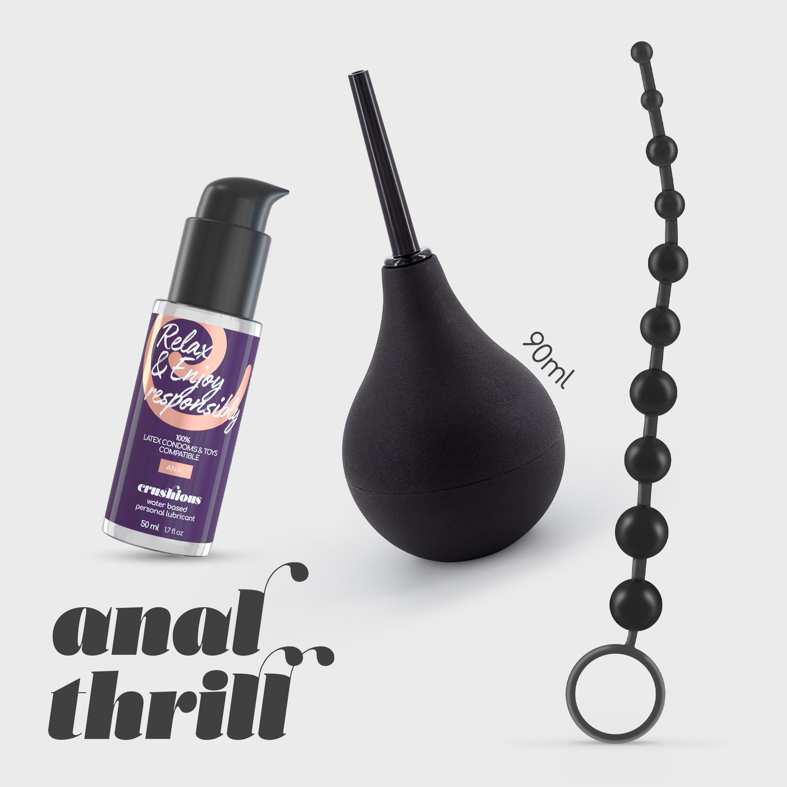 "ANAL THRILL DUCHE ANAL 90ML COM LUBRIFICANTE ANAL 50ML E TIRA DE 10 PÉROLAS ANAIS CRUSHIOUS"